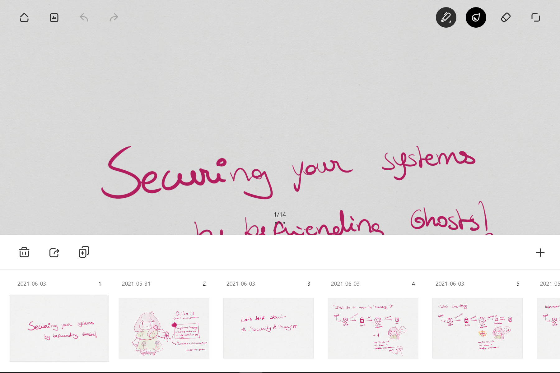 A screenshot of Bamboo Paper showing the title slide "Securing your systems by befriending ghosts", along with the first 5 pages of the storyboard
